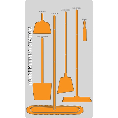 5S Supplies 5S Housekeeping Shadow Board Broom Station Version 2 - Gray Board / Orange Shadows  With Broom HSB-V2-GRAY/ORANGE-KIT